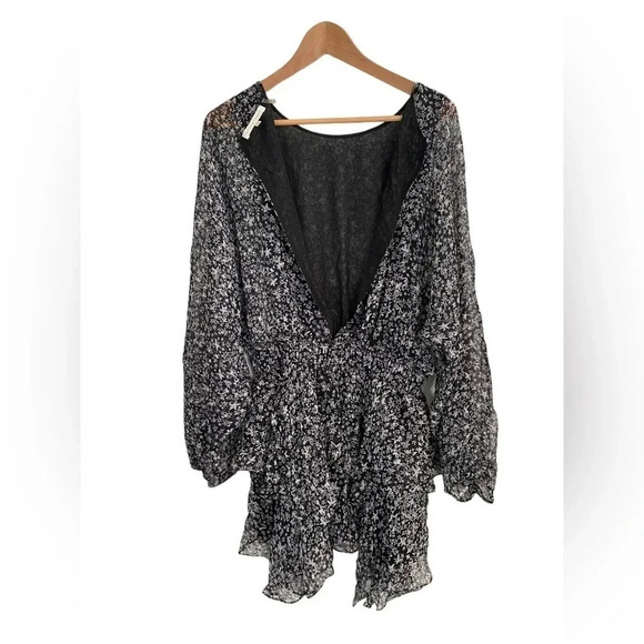 LoveShackFancy Black and White Star Kaia Dress Elastic Waist Long Sleeve Size L - Picture 6 of 9